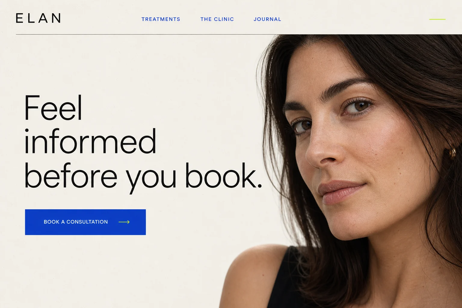 Independent ELAN aesthetic clinic homepage concept with a clear consultation call to action