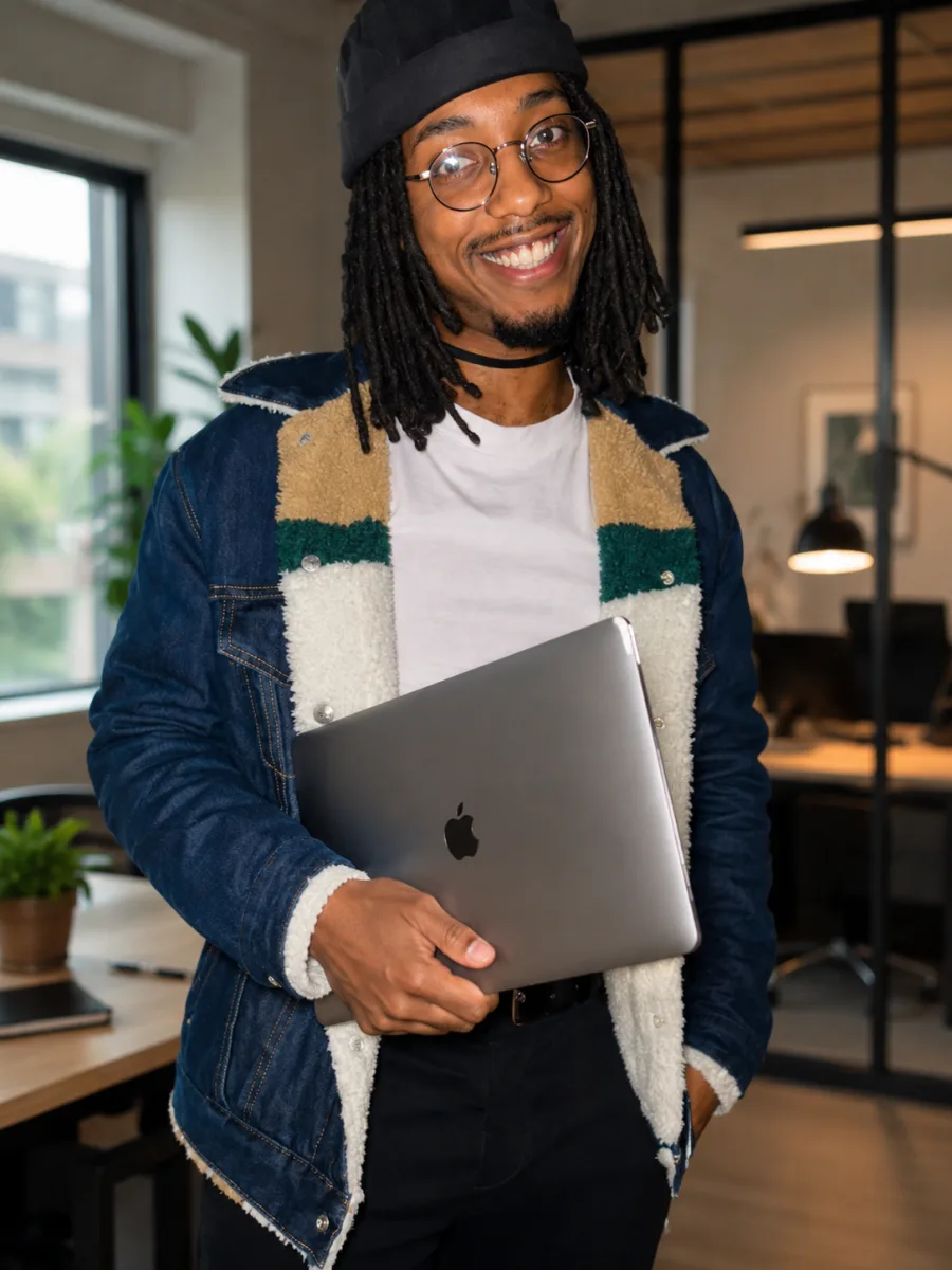 Ricardo smiling in a studio while holding a laptop