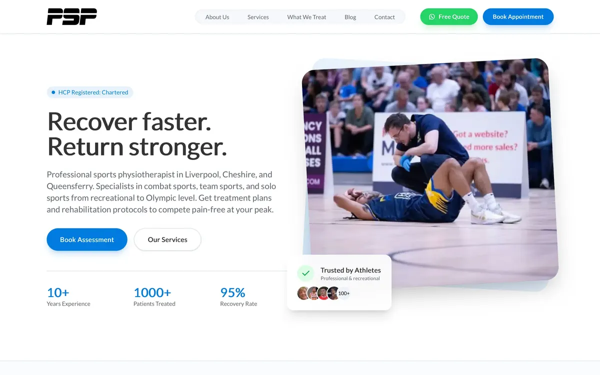The Professional Sports Physio homepage, with Book Assessment as the main action